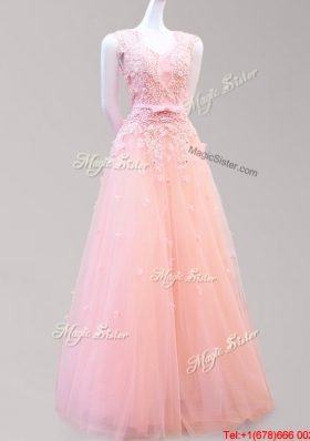 Popular Tulle Bowknot and Applique Prom Dress in Watermelon Red