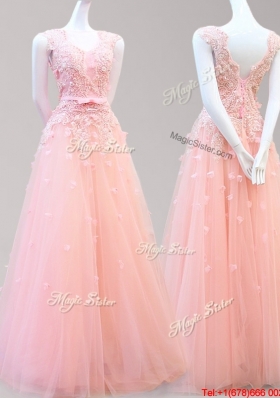 Popular Tulle Bowknot and Applique Prom Dress in Watermelon Red