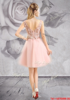 Popular V Neck Baby Pink Short Prom Dress with Appliques