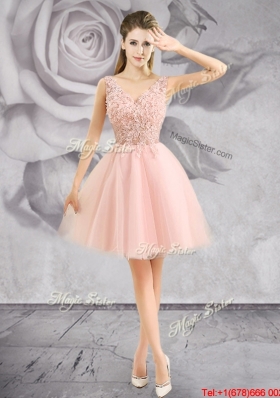 Popular V Neck Baby Pink Short Prom Dress with Appliques