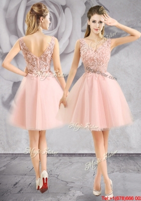 Popular V Neck Baby Pink Short Prom Dress with Appliques