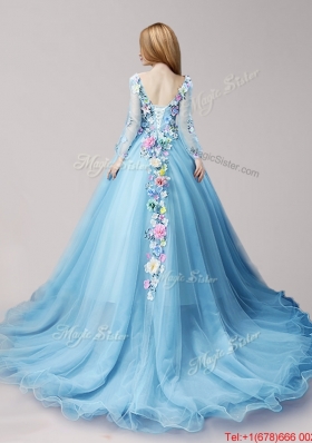 Classical V Neck Long Sleeves Baby Blue Quinceanera Dresses with Hand Made Flowers