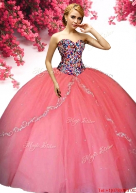 Elegant Big Puffy Coral Red Quinceanera Dress with Appliques and Beading