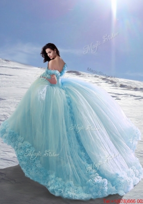 Gorgeous Off the Shoulder Cap Sleeves Court Train Quinceanera Dresses with Hand Made Flowers