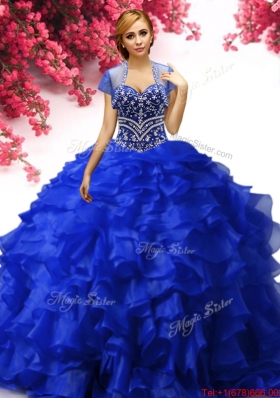 Inexpensive Royal Blue Organza Quinceanera Dress with Beading and Ruffles