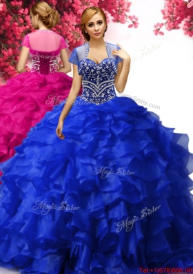Inexpensive Royal Blue Organza Quinceanera Dress with Beading and Ruffles