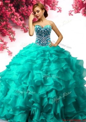 Luxurious Beaded and Ruffled Sweet 16 Dress in Turquoise