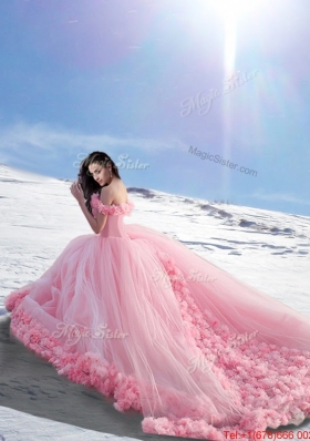 Wonderful Off the Shoulder Cap Sleeves Hand Made Flowers Quinceanera Dresses in Tulle