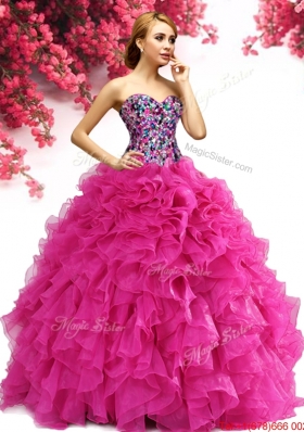 Elegant Hot Pink Big Puffy Quinceanera Dress with Ruffles and Beading