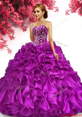 Gorgeous Beaded and Ruffled Big Puffy Quinceanera Dress in Fuchsia