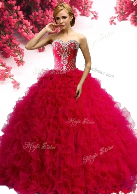 Modest Beaded and Ruffled Red Sweet 16 Dress in Tulle