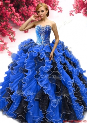 Romantic Royal Blue and Black Quinceanera Dress with Ruffles and Beading