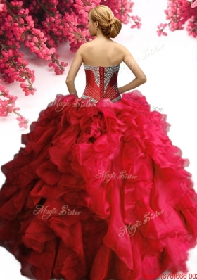 Simple Beaded and Ruffled Fuchsia Quinceanera Dress in Organza