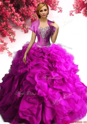 Simple Beaded and Ruffled Fuchsia Quinceanera Dress in Organza