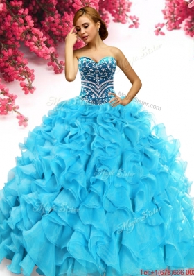 Fashionable Aqua Blue Organza Quinceanera Dress with Beading and Ruffles