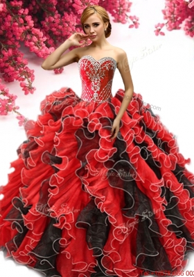 New Style Beaded and Ruffled Quinceanera Dress in Red and Black