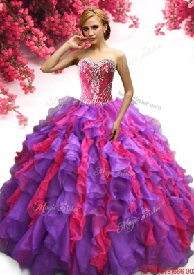 Unique Purple and Hot Pink Quinceanera Dress with Ruffles and Beading
