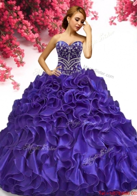 Wonderful Beaded and Ruffled Organza Quinceanera Dress in Purple