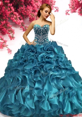 Affordable Teal Organza Quinceanera Dress with Beading and Ruffles