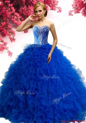 Elegant Royal Blue Tulle Sweet 16 Dress with Ruffles and Beading