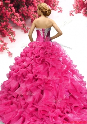 Luxurious Applique and Ruffled Organza Quinceanera Dress in Hot Pink