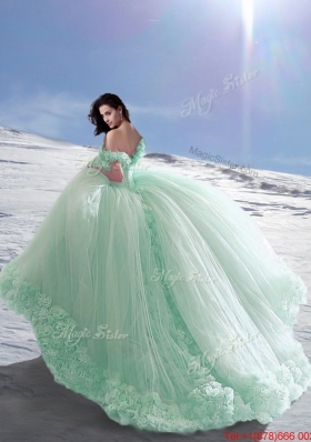 Perfect Off the Shoulder Cap Sleeves Apple Green Quinceanera Dress with Hand Made Flowers