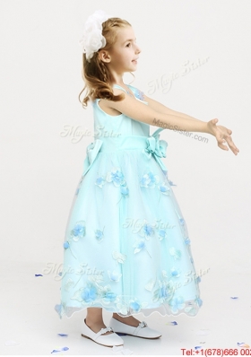 Affordable Applique and Bowknot Ankle Length Flower Girl Dress with Straps