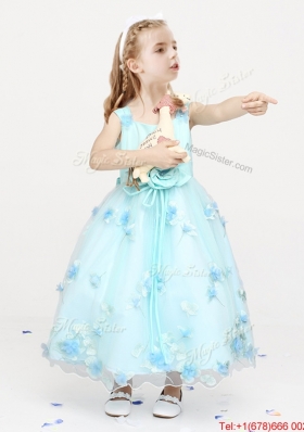 Affordable Applique and Bowknot Ankle Length Flower Girl Dress with Straps