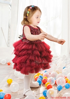 Best Sequined and Ruffled Layers Short Flower Girl Dress in Wine Red