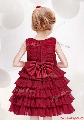 Cheap Ruffled Layers and Bowknot Short Flower Girl Dress in Red