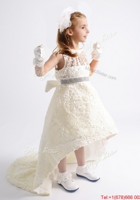 Hot Sale See Through Rolling Flowers Flower Girl Dress with Bowknot