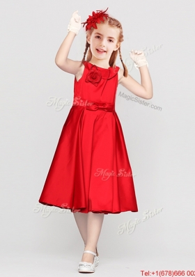 Latest Tea Length Button Up Red Flower Girl Dress with Handmade Flower