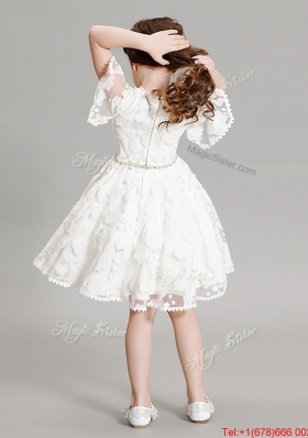 Lovely Short Sleeves Flower Girl Dress with Appliques and Beading
