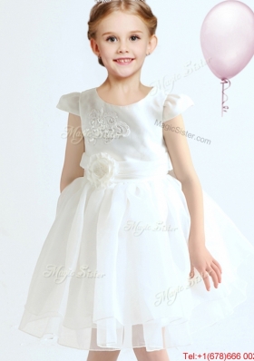 Modern Applique and Bowknot Cap Sleeves White Flower Girl Dress in Organza