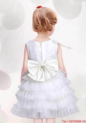 New Style Scoop White Flower Girl Dress with Ruffled Layers and Bowknot