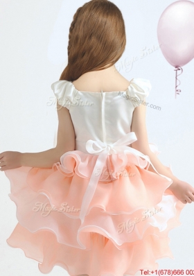 Popular White and Peach Flower Girl Dress with Ruffled Layers
