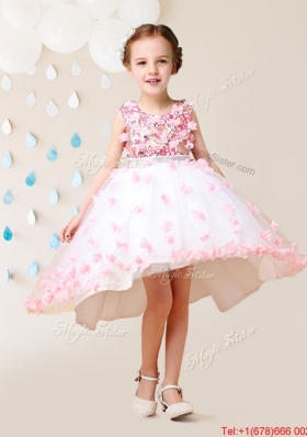 Pretty High Low Applique Scoop Flower Girl Dress in White and Pink