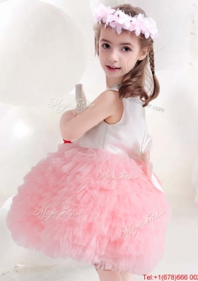 2017 Discount Pink and White Flower Girl Dress with Bowknot and Ruffled Layers