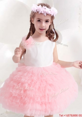 2017 Discount Pink and White Flower Girl Dress with Bowknot and Ruffled Layers
