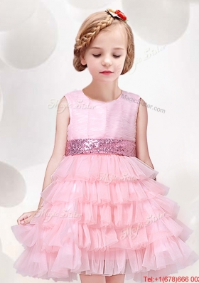 2017 Exclusive Sequined Decorated Waist Ruffled Layers Flower Girl Dress