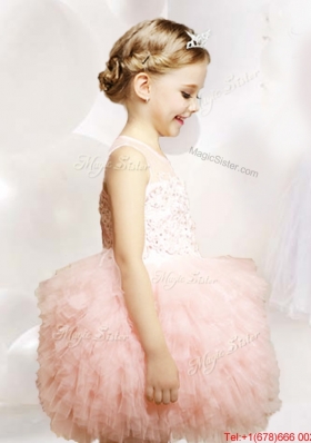 Best Selling See Through Tulle Flower Girl Dress with Appliques and Ruffles