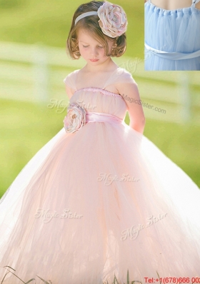 Cheap Handmade Flower and Bowknot Straps Flower Girl Dress in Baby Pink