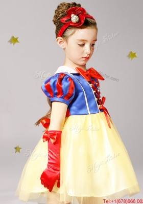 Elegant Short Sleeves Yellow and Blue Flower Girl Dress in Mini Length