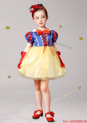 Elegant Short Sleeves Yellow and Blue Flower Girl Dress in Mini Length