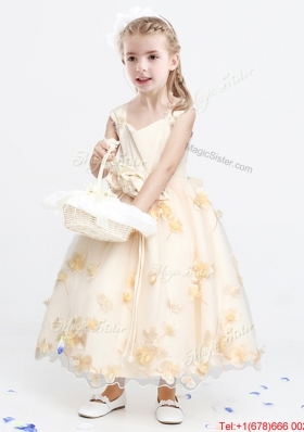 Fashionable Applique and Bowknot Champagne Flower Girl Dress in Ankle Length
