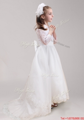 Informal Brush Train Bowknot and Laced Flower Girl Dress with Long Sleeves