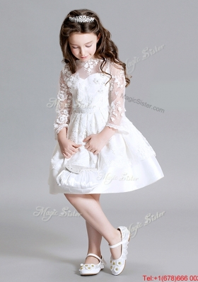 Latest Long Sleeves High Neck Flower Girl Dress in Lace