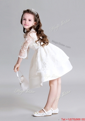 Latest Long Sleeves High Neck Flower Girl Dress in Lace