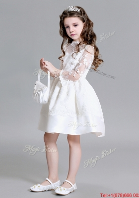 Latest Long Sleeves High Neck Flower Girl Dress in Lace