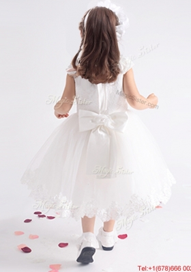 New Cap Sleeves Flower Girl Dress with Handcrafted Flowers Decorated Scoop